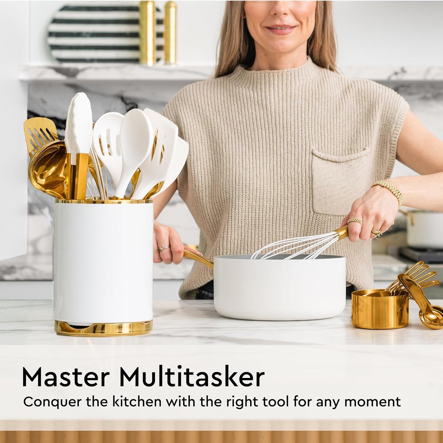 Gold Cooking Utensils with Measuring Cups and Spoons Set - 13-Piece Luxury Gold Kitchen Accessories Includes Metal Measuring Cups and Spoons for Baking, Cooking, and Elegant Kitchen Decor