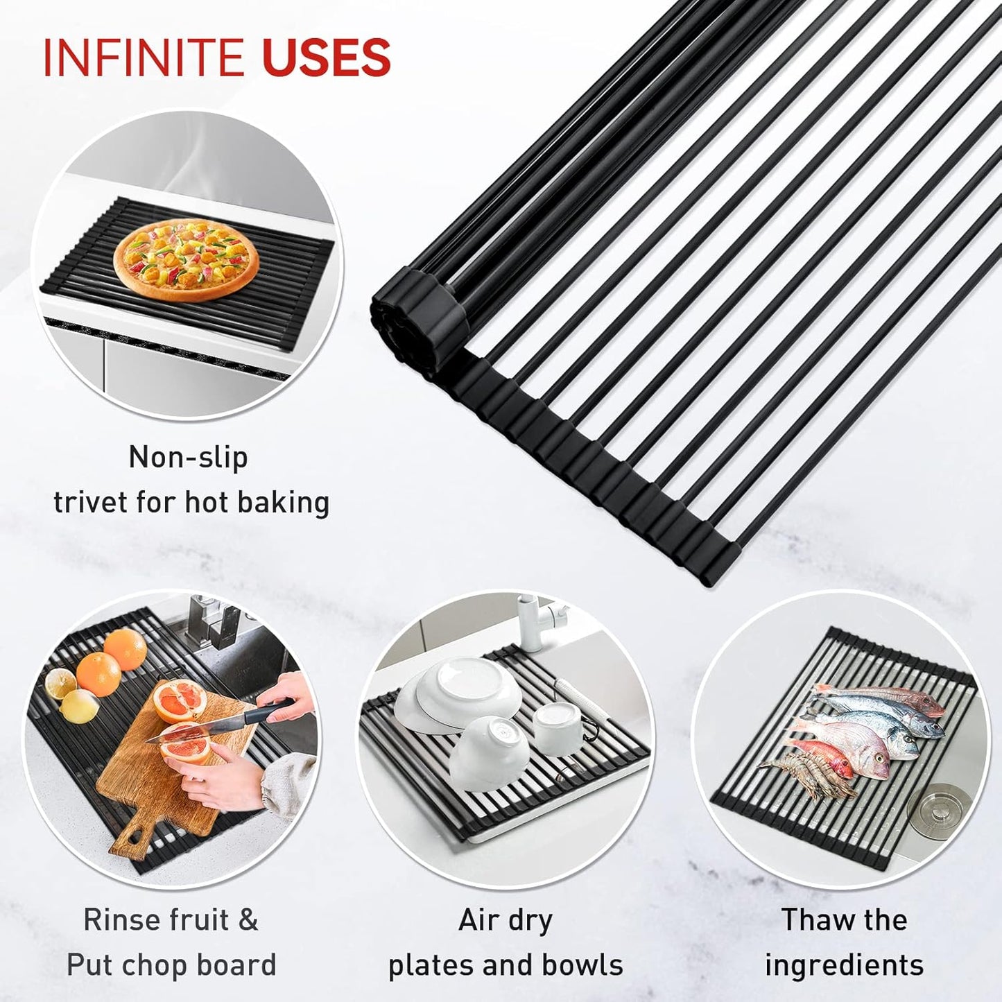 MERRYBOX Roll Up Over The Sink Dish Drying Rack Silicone Wrapped Foldable, Heat-Resistant, Anti-Slip Sink Rack Multipurpose Dish Drainer for Kitchen Sink Counter - White, 17.5" x 11"
