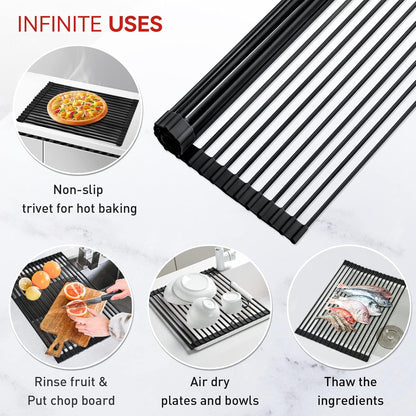 MERRYBOX Roll Up Over The Sink Dish Drying Rack Silicone Wrapped Foldable, Heat-Resistant, Anti-Slip Sink Rack Multipurpose Dish Drainer for Kitchen Sink Counter - White, 17.5" x 11"