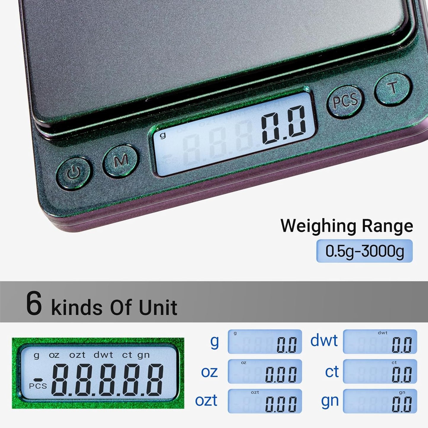 Fuzion Digital Kitchen Scale 3000g/ 0.1g, Pocket Food Scale 6 Units Conversion, Gram Scale with 2 Trays, LCD, Tare Function, Reptile Scale, Herb Scale(Battery Included)