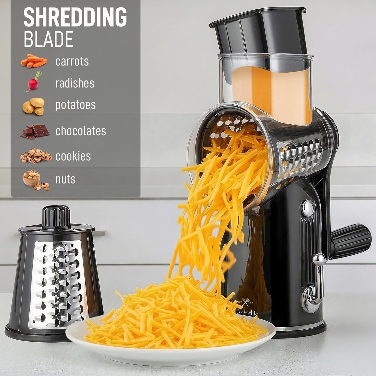 Zulay Kitchen Rotary Cheese Grater 5 Blade Cheese Shredder - Manual Hand Crank Cheese Grater With Reinforced Suction & 5 Interchangeable Drums - Easy to Use, Vegetable Chopper Round Mandoline Slicer - Colors B