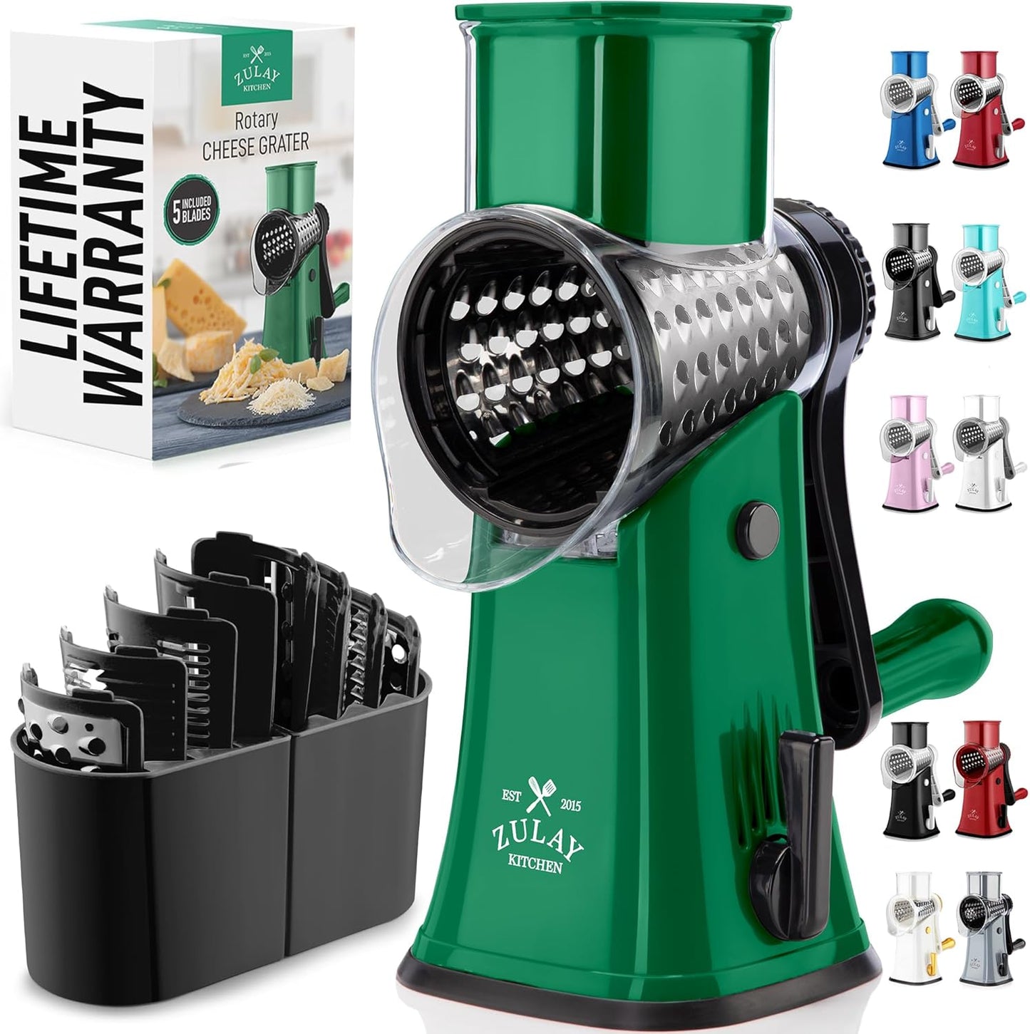 Zulay Kitchen Rotary Cheese Grater 5 Blade Cheese Shredder - Manual Hand Crank Cheese Grater With Reinforced Suction & 5 Interchangeable Drums - Easy to Use, Vegetable Chopper Round Mandoline Slicer - Colors A