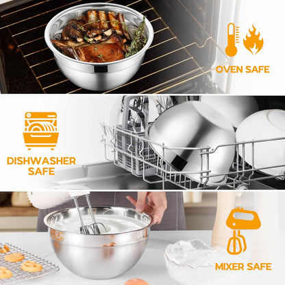 Onader Mixing Bowls with Lids Set of 6, Large Metal Nesting Mixing Bowls, Stainless Steel Non-Slip Salad Bowl Khaki – Size 1, 1.5, 2, 2.6, 3.5, 7QT