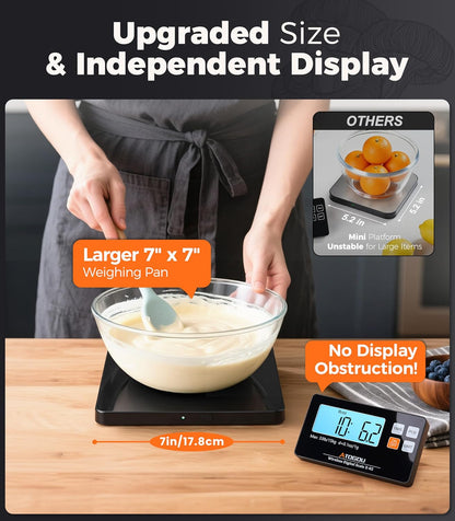 Atogou Upgraded Wireless Food Scale, 33lb/15kg Kitchen Scale with Detachable Display & Larger Platform, 0.1oz/1g, 9 Units, Counting Function, Stainless Steel, for Cooking, Baking, Shipping, Black