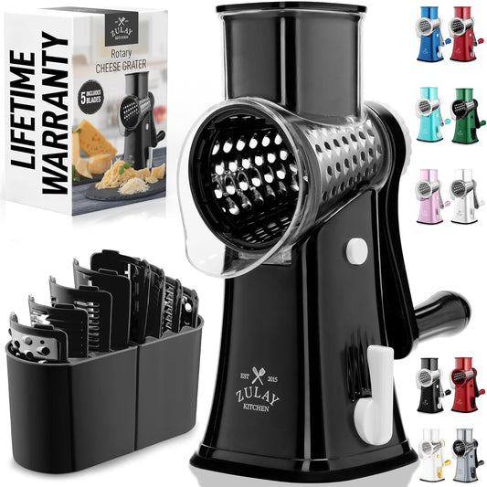 Zulay Kitchen Rotary Cheese Grater 5 Blade Cheese Shredder - Manual Hand Crank Cheese Grater With Reinforced Suction & 5 Interchangeable Drums - Easy to Use, Vegetable Chopper Round Mandoline Slicer - Colors A