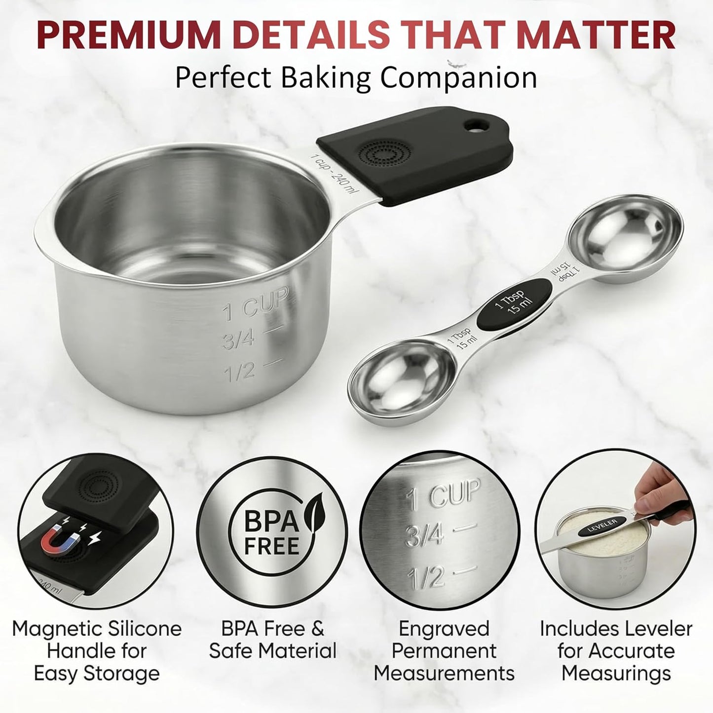 Magnetic Measuring Cups and Spoons Set of 16, 304 Stainless Steel with Multicolor Silicone Handles, 7 Cups, 8 Double-Sided Spoons and Leveler, Laser-Engraved, Stackable, Dishwasher Safe for Baking