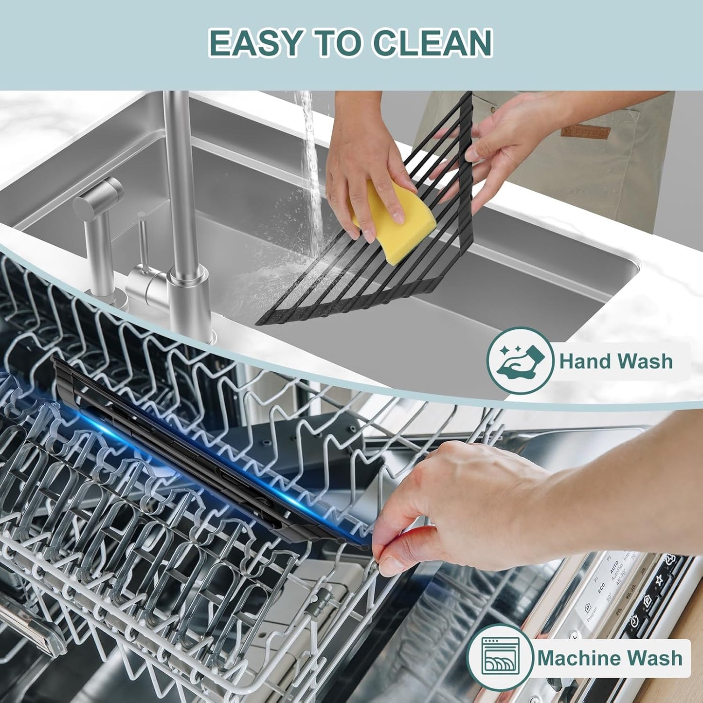MERRYBOX Roll Up Over The Sink Dish Drying Rack Silicone Wrapped Foldable, Heat-Resistant, Anti-Slip Sink Rack Multipurpose Dish Drainer for Kitchen Sink Counter - White, 17.5" x 11"