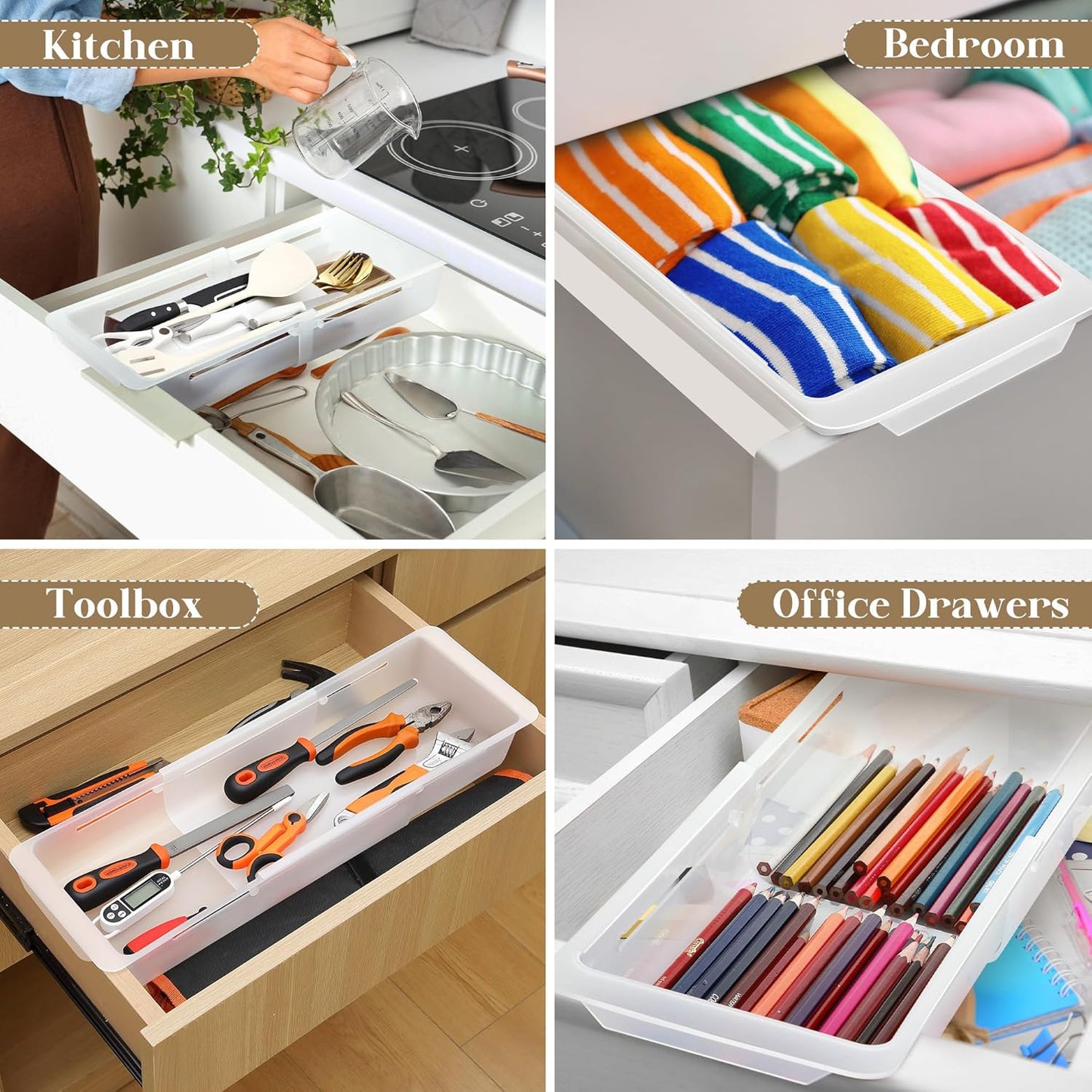 2 Pack Deep Drawer Organizer Bins, Adjustable Sliding Drawer Organizer Bin Expandable Tray for Kitchen Utensils, BBQ Tools, Towels, Durable Plastic Sliding for Easy Storage (12.4" to 18”)