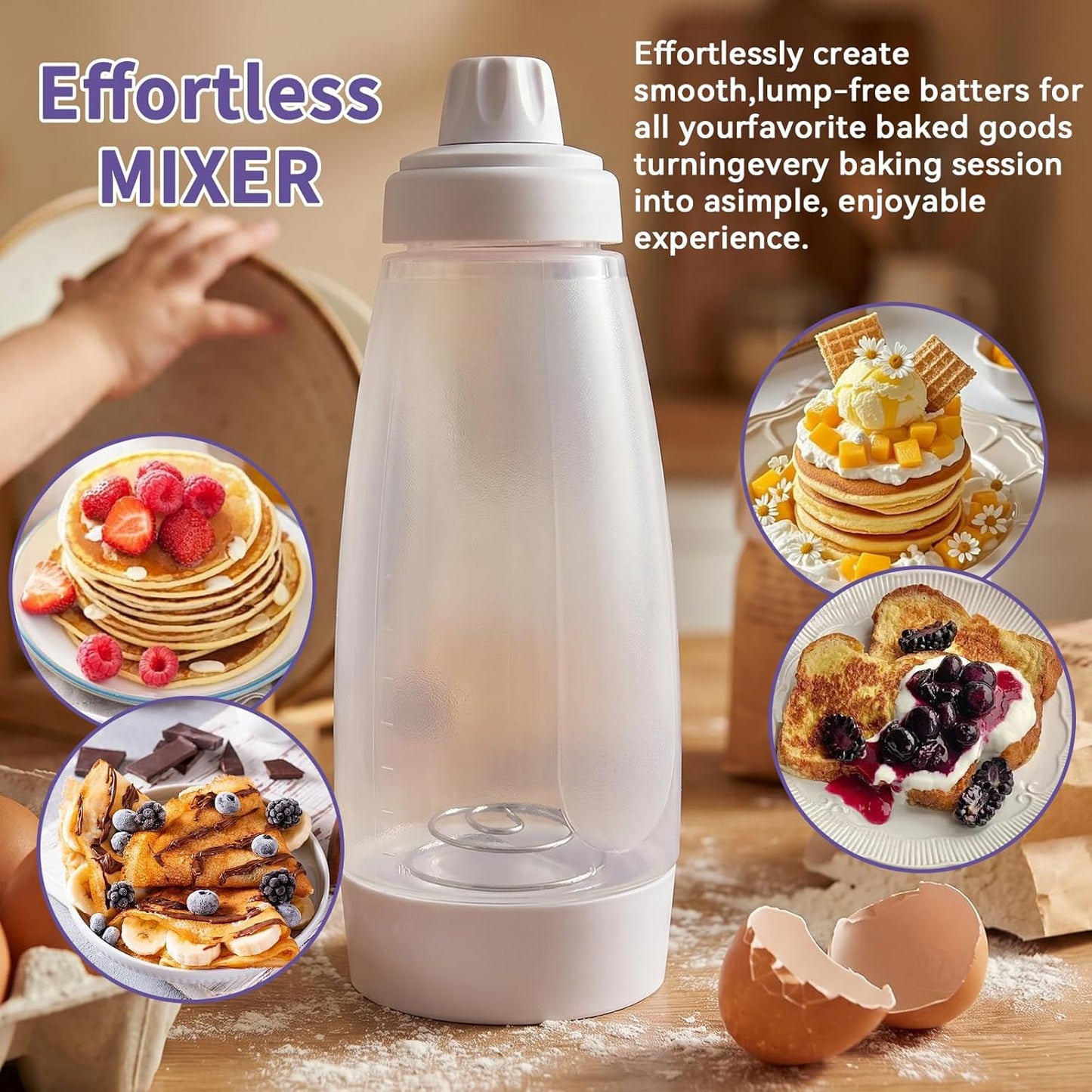 Pancake Batter Dispenser, 2 Pack Pancake Mix Dispenser with Whisk Ball and No-Drip Silicone Tip Squeeze Bottles for Pancakes, Crepes, Waffle, Muffins, Qatayef, Cupcakes