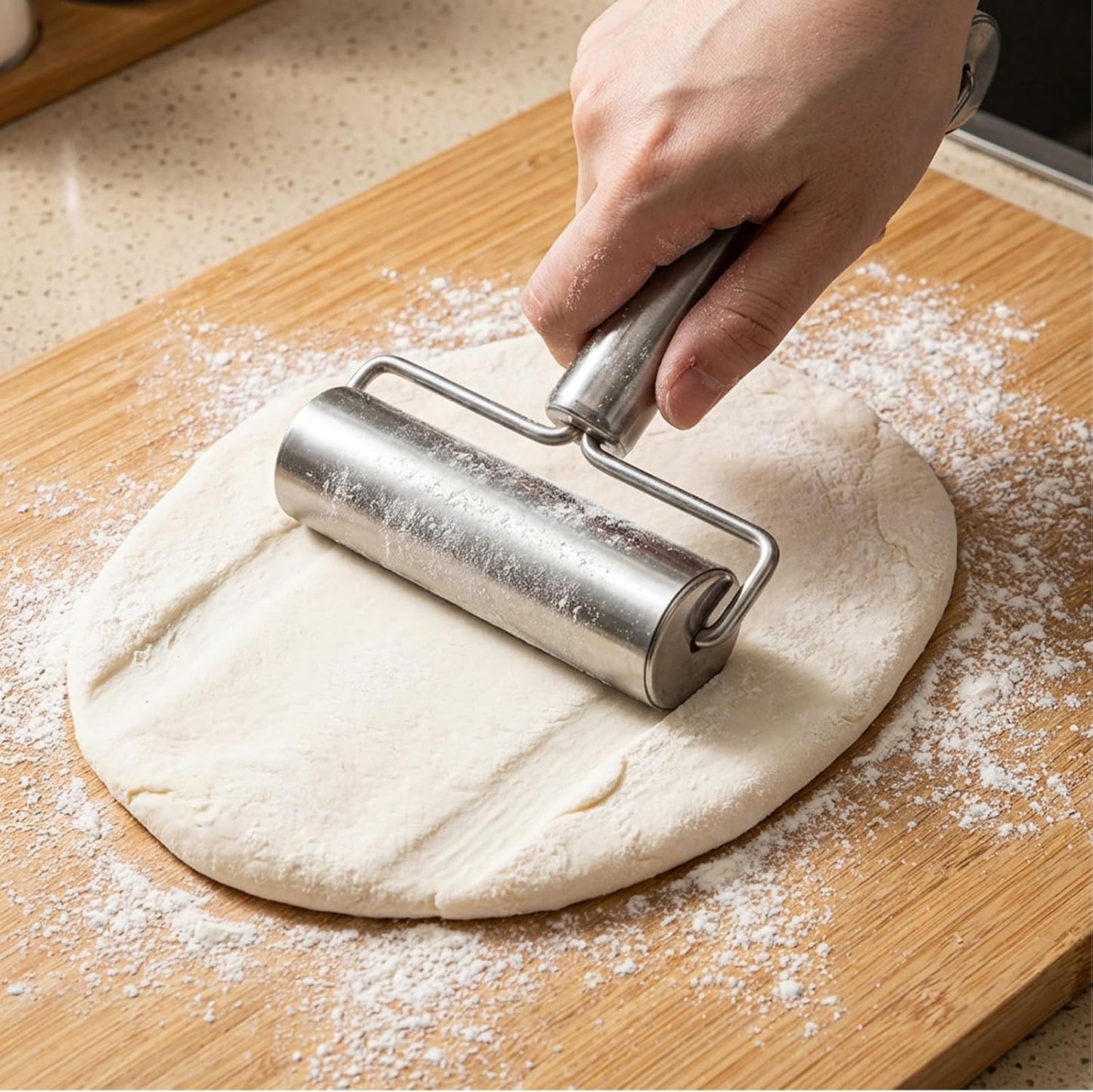 Stainless Steel Rrolling Pin, Pastry Pizza Roller Non Stick Smooth Dough Roller with 3Pcs Scraper Practical Metal Kitchen Utensils for Home Baking Dough, Pie, Pastries, Pasta, Cookies (H Shape)