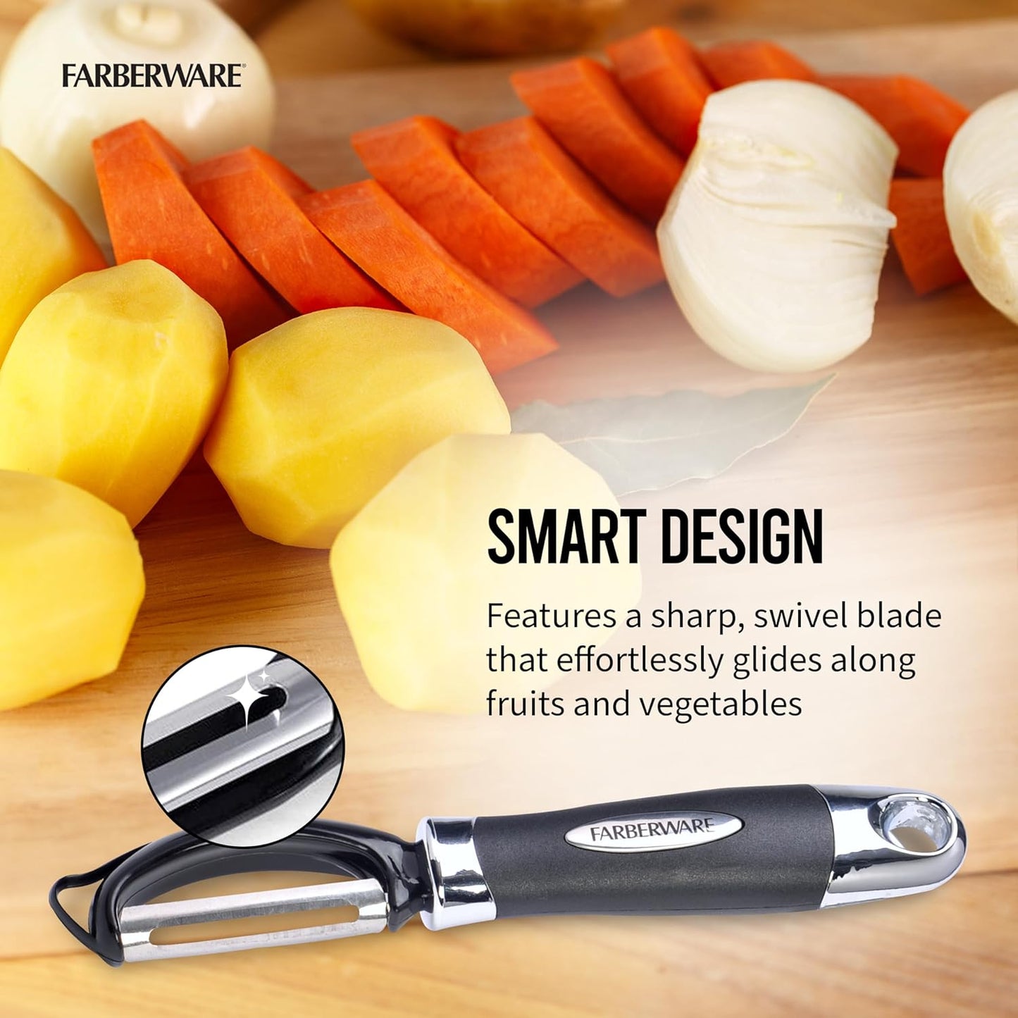Farberware Pro2 Vegetable Peeler, Euro Peeler with Razor-Sharp Stainless Steel Blade, Swivel Peeler for Potatoes, Fruits, and Vegetables, Built-In Bud Remover, Dishwasher Safe