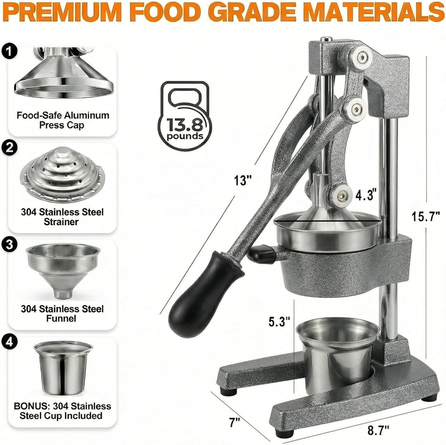 Cast Iron Citrus Juicer - 13.8LB Heavy Duty Manual Orange Press, 304 Stainless Steel Cup & Strainer, Professional Lemon Grapefruit Pomegranate Squeezer for Home Bar Kitchen, Orange