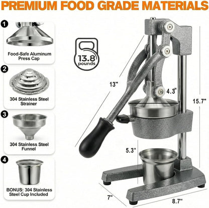 Cast Iron Citrus Juicer - 13.8LB Heavy Duty Manual Orange Press, 304 Stainless Steel Cup & Strainer, Professional Lemon Grapefruit Pomegranate Squeezer for Home Bar Kitchen, Orange