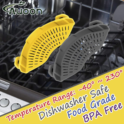 2PACK AUOON Clip on Strainer for All Pots Pans - Silicone Pasta Strainer Kitchen Colander for Draining Noodles Spaghetti Ground Beef Grease｜Easy to Use and Store, Dishwasher Safe (BlackGreen)