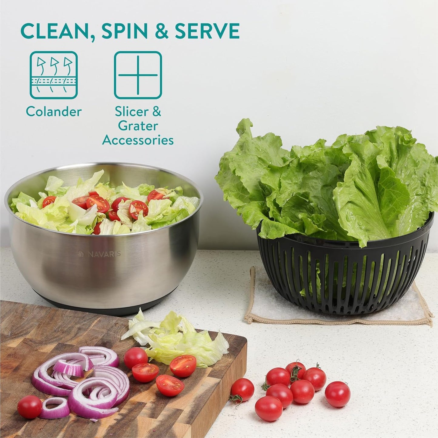 Navaris Salad Spinner with Storage Lid - Durable Stainless Steel Vegetable & Lettuce Dryer Set - Non-Slip Silicone Base - Includes Plastic Colander and Extra Storage Lid - Black