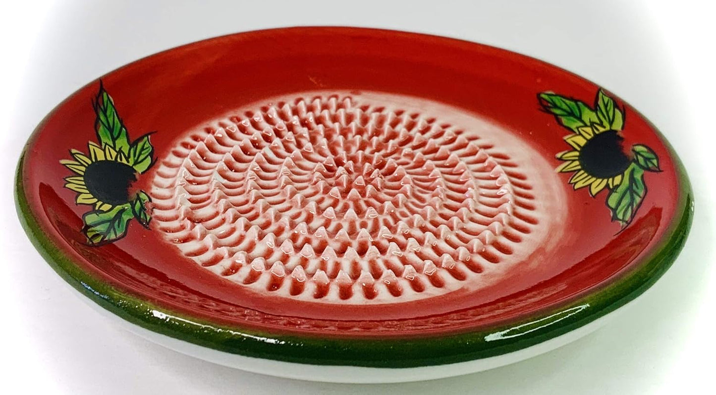 BonCera, All-in-one Premium Ceramic Garlic Grater Plate 4-Piece Set - Red Sunflower Design, Classic Style - For Garlic, Ginger, Chocolate, and more! - Comes with 5.25" Plate, Peeler, Brush, and Stand