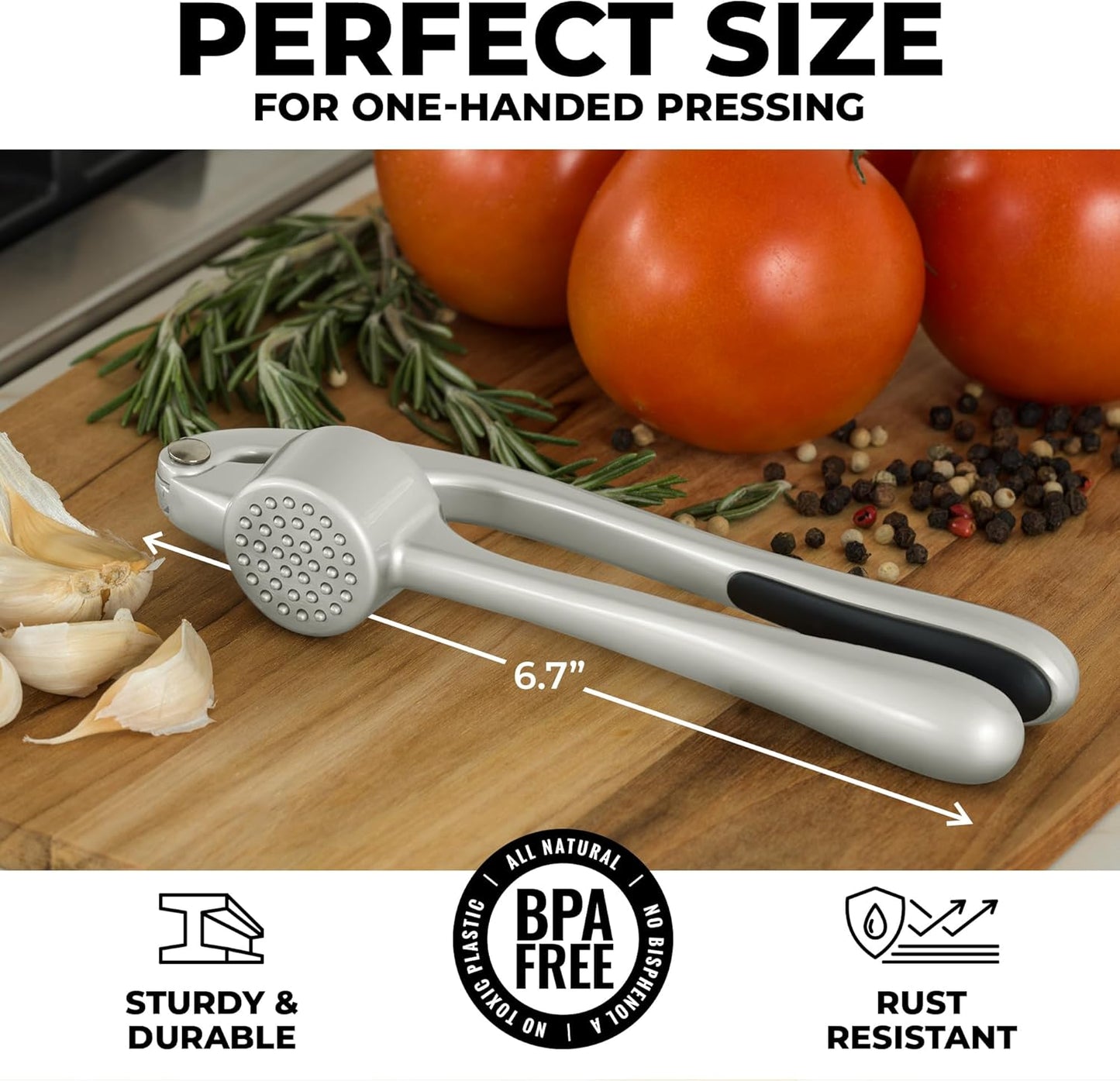 Zulay Kitchen Stainless Steel Garlic Press Rocker Set - Premium Garlic Mincer Garlic Crusher - New Innovative Garlic Crusher with Peeler and Scraper - Comfortable Grip (Black)