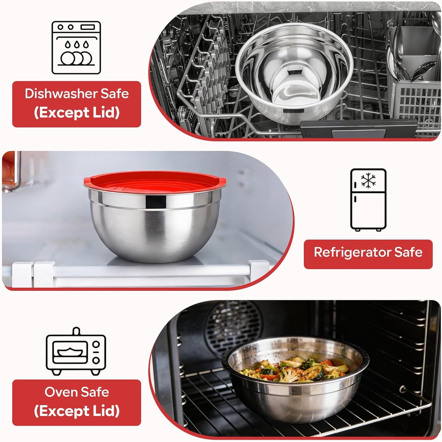 E-far Mixing Bowls with Lids, 6-Piece Stainless Steel Salad Bowls Metal Nesting Bowls for Baking Cooking and Prepping, Airtight Lids & Stackable Design, Size 4.5, 3, 1.5 QT (Black)
