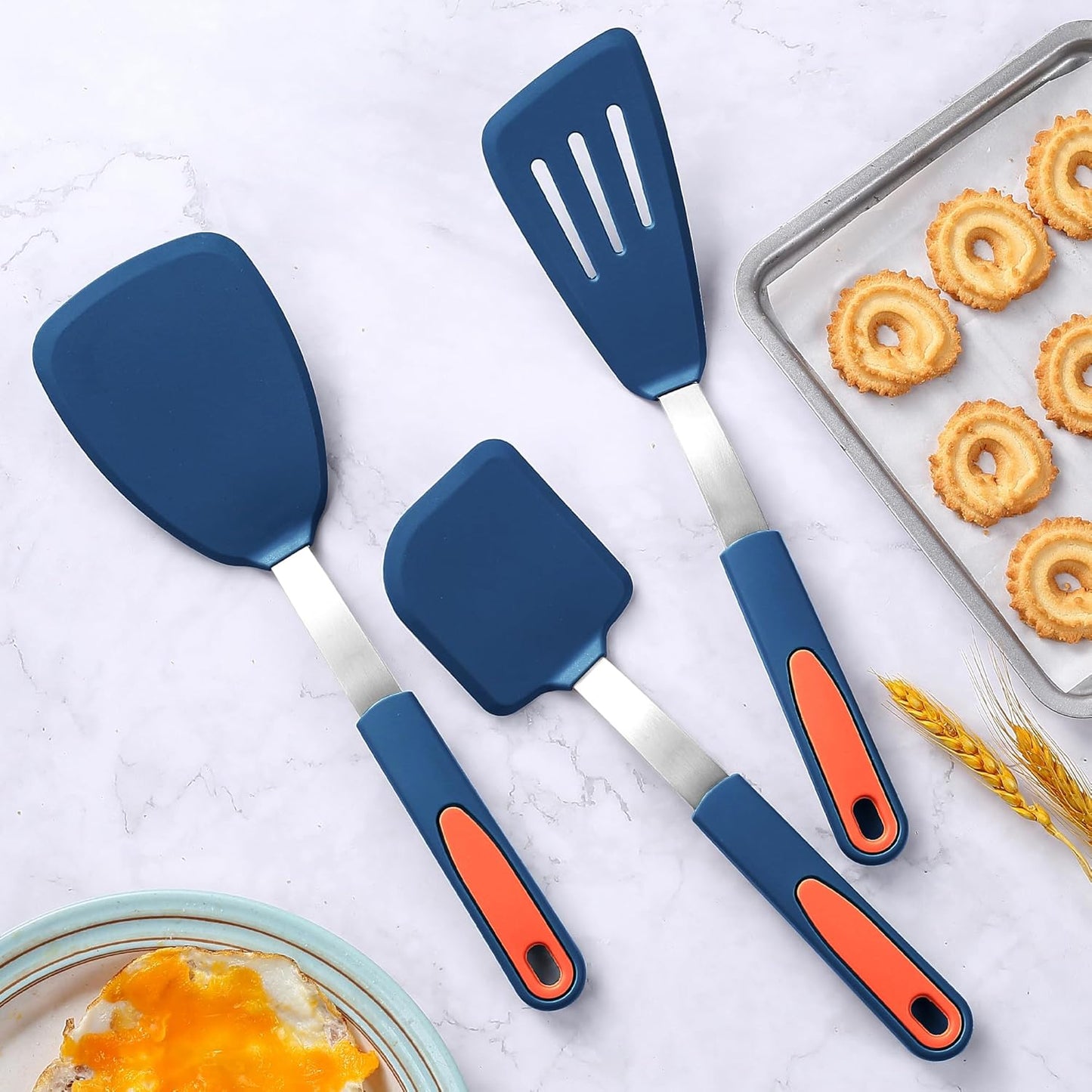 To encounter 5 Pieces Silicone Spatula Set, Non-Stick Silicone Turner Spatulas, Heat Resistance Cooking Utensils, Flip Turner for Fish, Egg, Pancake, Navy Blue
