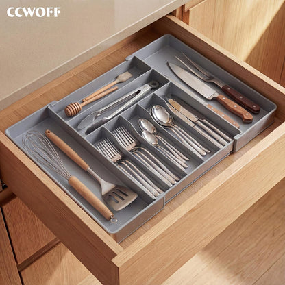 Extra Large Silverware Organizer, 9 Slot Expandable Kitchen Drawer Organizer, Utensil Holder, Heavy Duty Stainless Steel Frame Silverware Drawer Organizer, 8 Non-Slip Feet Included, BPA Free, Black
