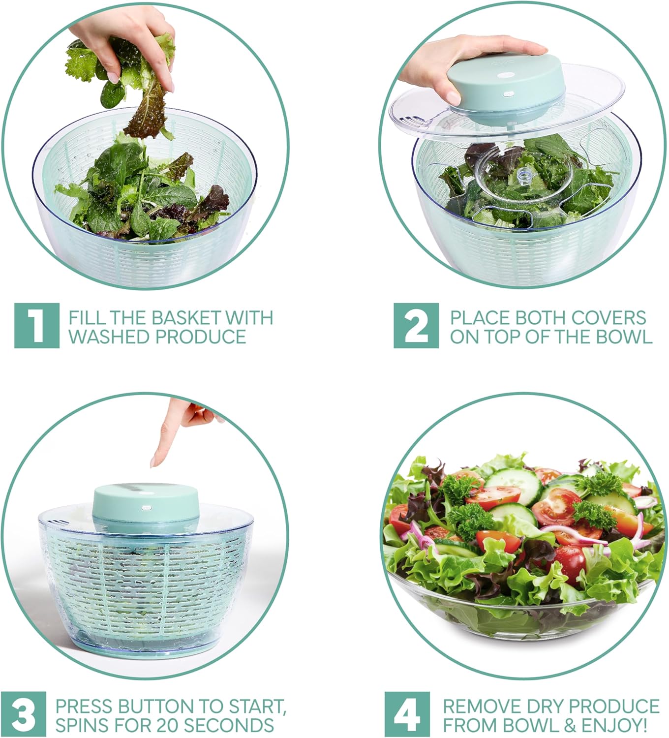 COOK WITH COLOR Electric Salad Spinner, Round 4.5L Capacity – Fast Drying & Easy Spin for Fresh Greens, Cream