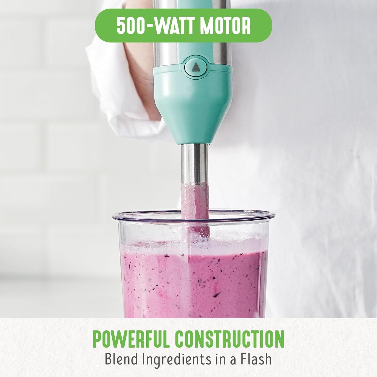 GreenLife 500-Watt Immersion Electric Handheld Stick Blender with Stainless Steel Blades, Whisk, Frother, Measuring Cup and Lid, Soups, Puree, Cake, Multi-Speed Control, Portable, Turquoise