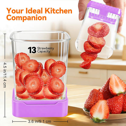 Fruit Slicer Cup for Strawberry, Banana, Hard-Boiled Egg - Detachable Cutter with Push Plate - 304 Stainless Steel Blade - Rapid & Safe Slicing Kitchen Gadget for Quick Meal Prep (Black)
