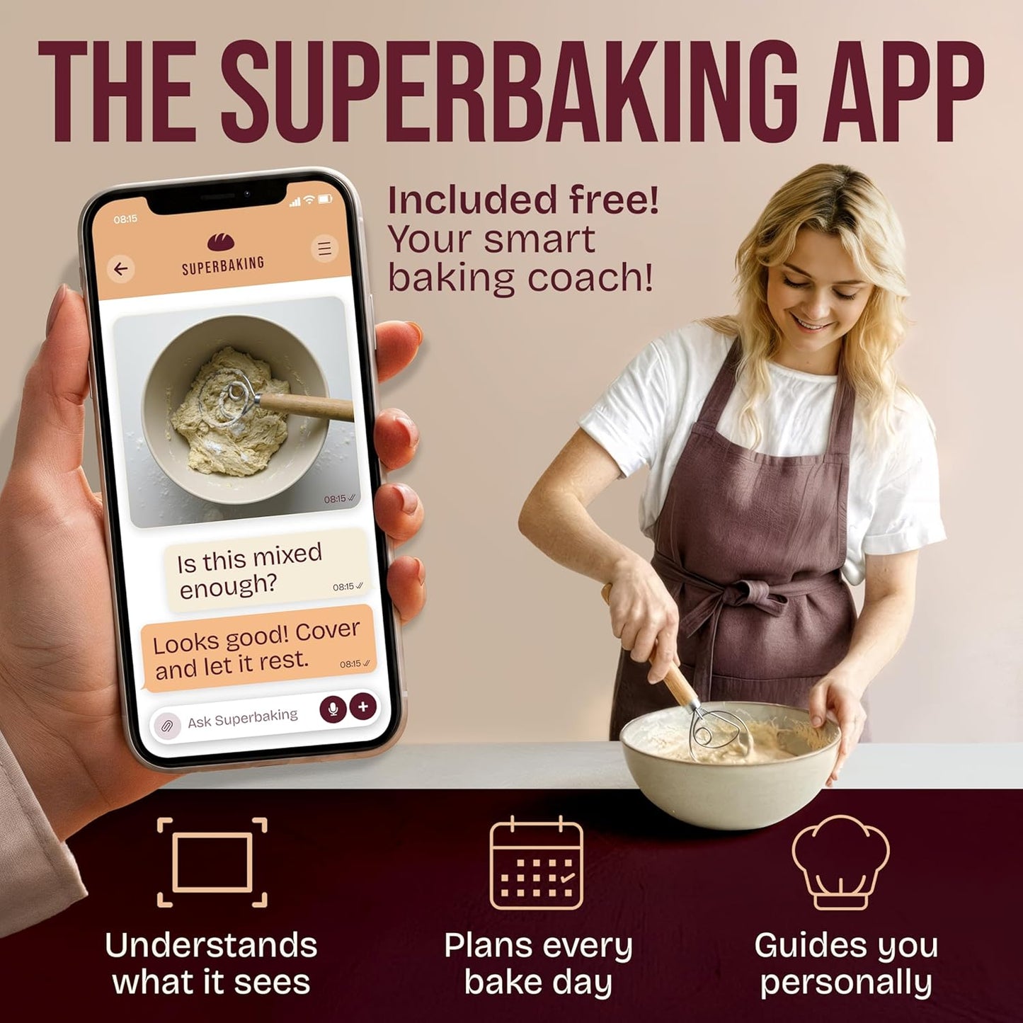 Superbaking Danish Dough Whisk - 12" Bread Whisk for Dough Mixing - Single Eye Design Sourdough Whisk - Sourdough Bread Baking Supplies - Bread Making Tools and Accessories - Ergonomic Wooden Handle