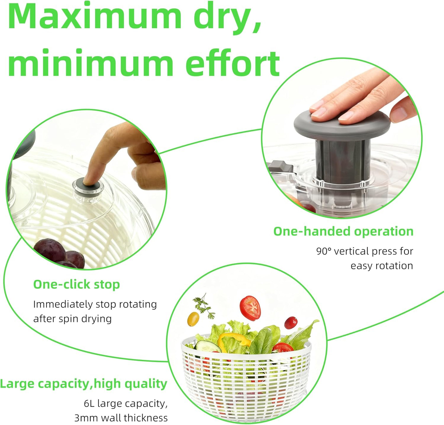 Salad Spinner, Lettuce Spinner with Push-Button Lid and Non-Slip Base, Vegetable & Fruit Washer Bowl, Efficient Spin Dryer and Strainer for Salad Greens and Fruits (6.3QT)