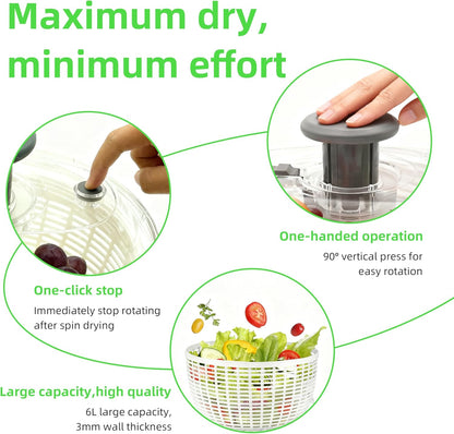 Salad Spinner, Lettuce Spinner with Push-Button Lid and Non-Slip Base, Vegetable & Fruit Washer Bowl, Efficient Spin Dryer and Strainer for Salad Greens and Fruits (6.3QT)