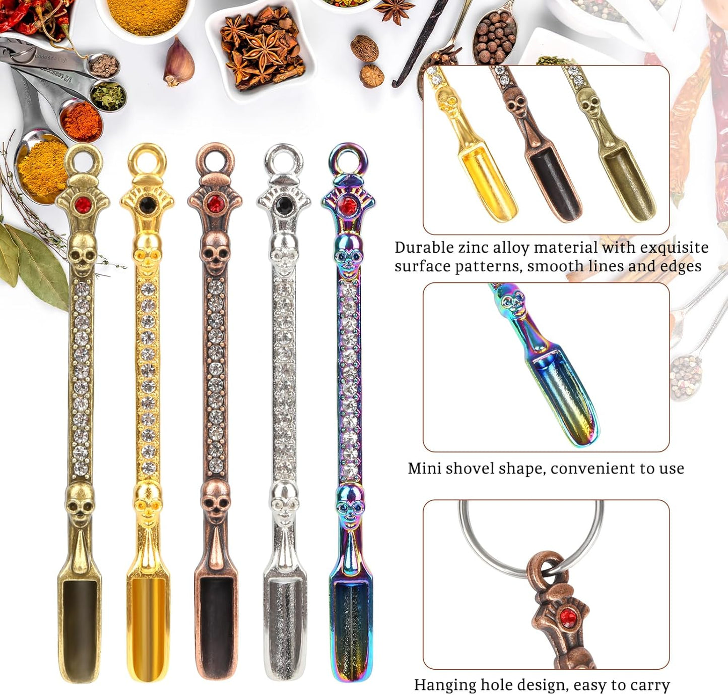 30 Pcs Mini Shovel Spoons with Storage Box, Rhinestone Tiny Spoons Keychains Necklace Set, Multicolor Metal Small Spoon for Measuring Pices,Herbs,Powder,Coffee,Sugar,Powder
