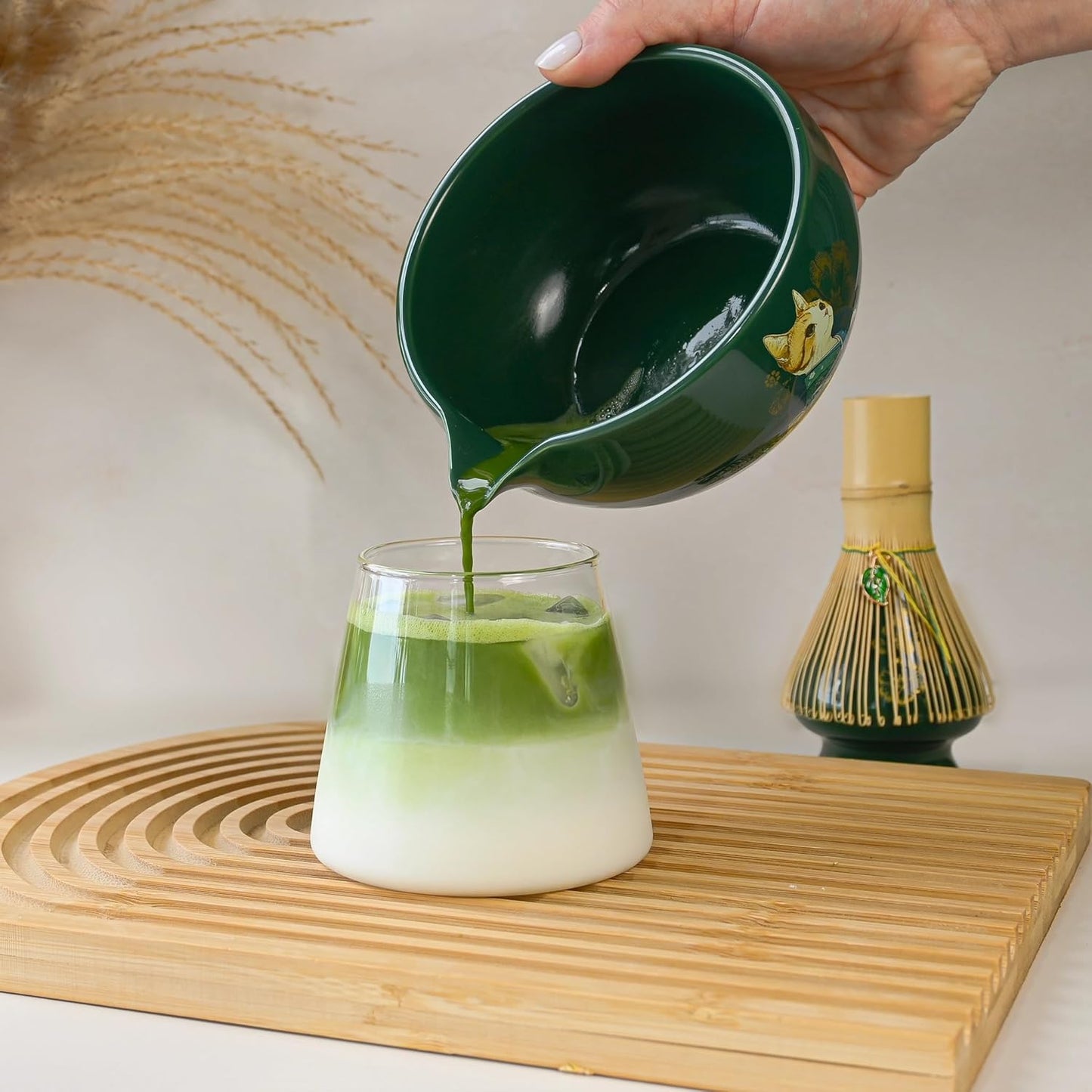 Aprika Life Matcha Bamboo Whisk Set with Holder | 100 Prong Chasen, Bamboo Scoop & Glass Whisk Holder | Matcha Whisk and Holder Starter Kit