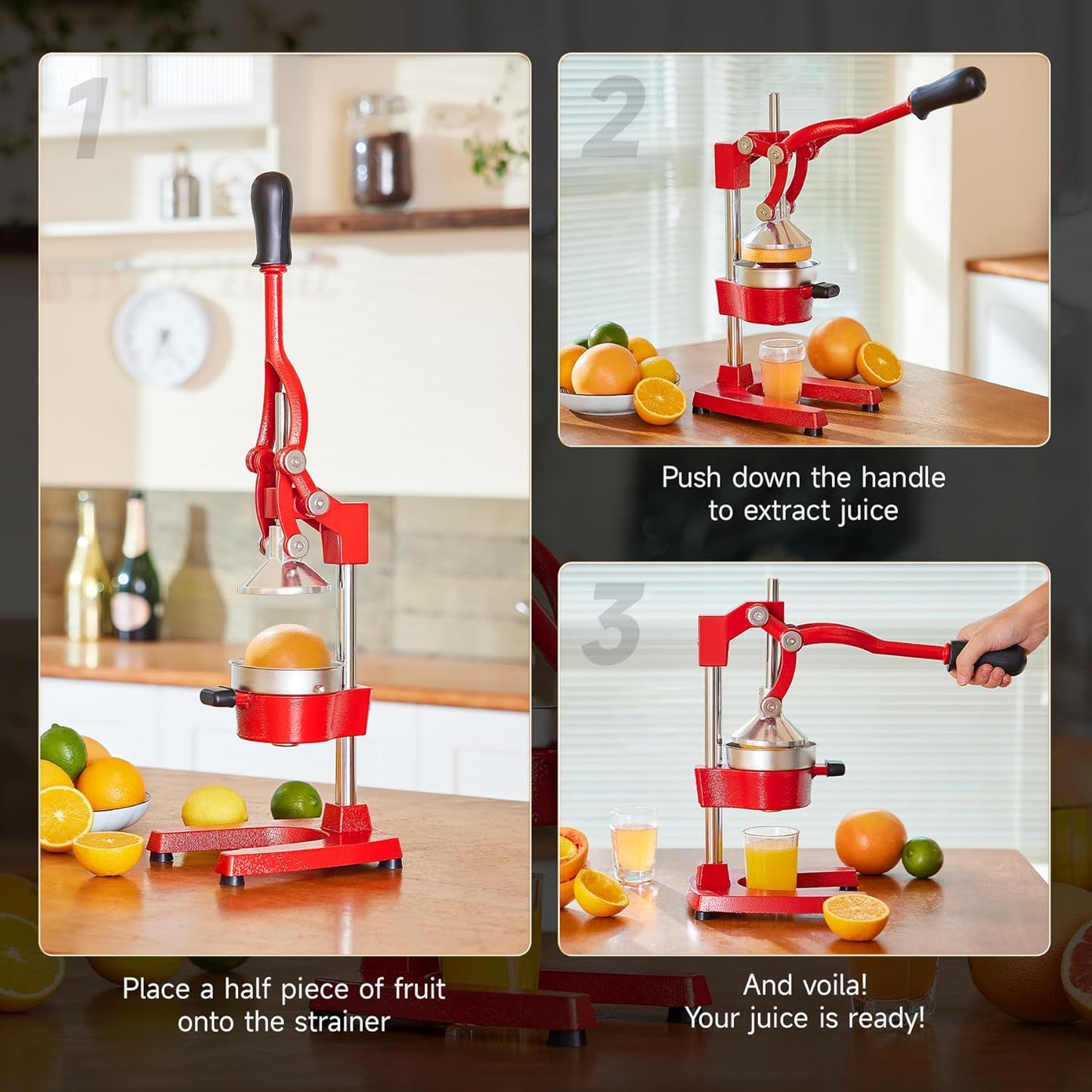 CO-Z Manual Citrus Juicer, Commercial Grade Cast Iron Orange Juicer, Professional Heavy Duty Juice Press with Removable Strainer, Manual Juice Extractor for Orange Lemon Pomegranate Citrus, Black