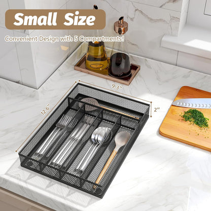 Sedegn Silverware Organizer Metal Mesh, Large Drawer Organizer, Utensil Cutlery Tray for kitchen drawers, Flatware Organizer with 6 Compartment, Black (11.3”*16“)