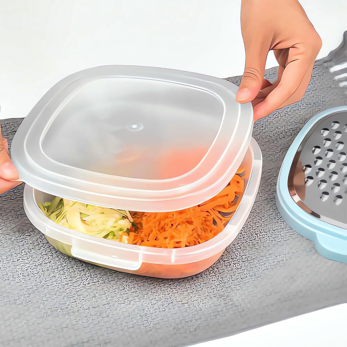 3 in 1 Vegetable Slicer with Storage Box, Stainless Steel Cheese Box Grater, Food Chopper, Wave Cutter, Kitchen Multi-Purpose Grater for Potatoes, Carrots, Zucchini, Onions... (Light Blue)
