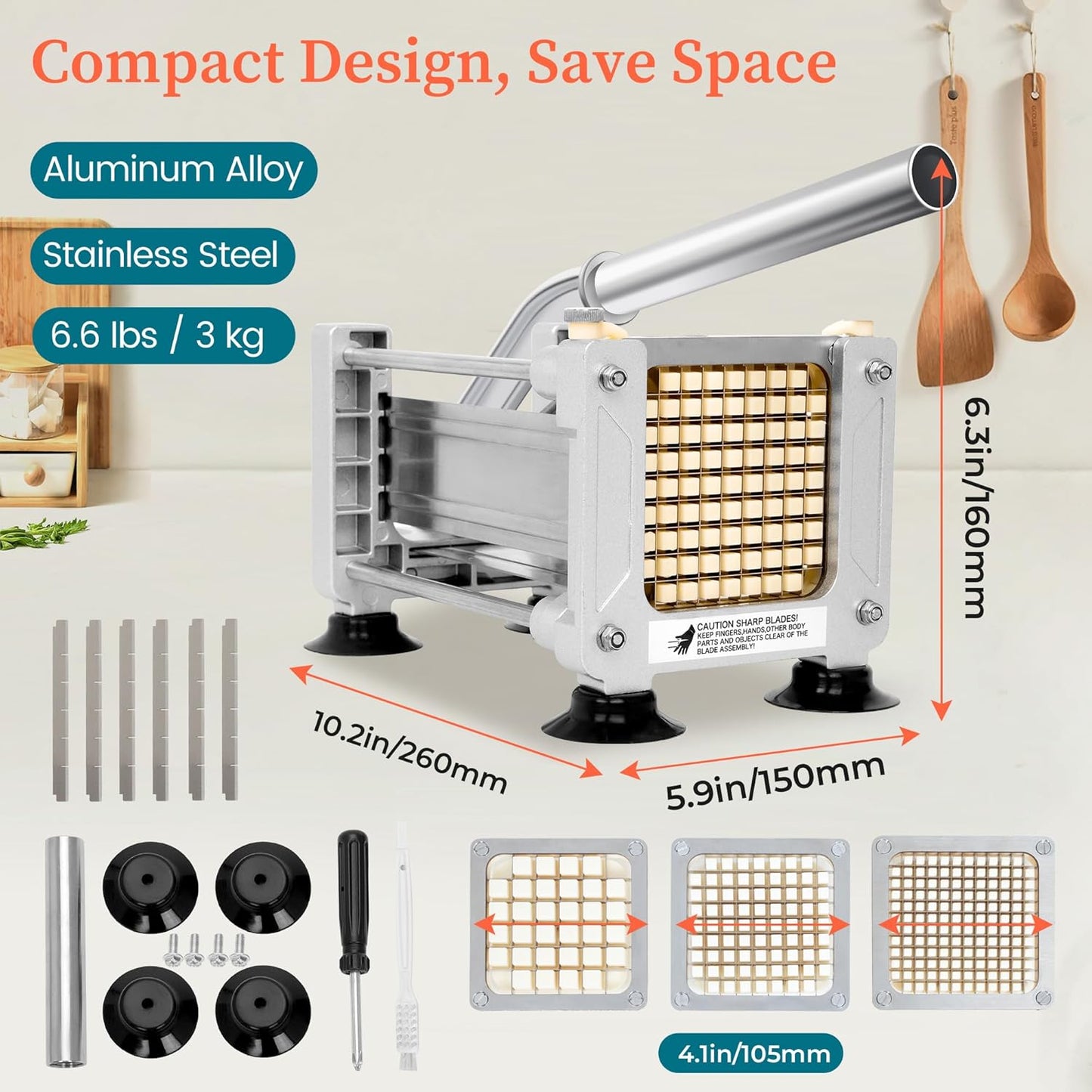 BIEAMA Commercial French Fry Cutter, Potato Cutter with 1/4", 3/8", 1/2" Stainless Steel Blades, French Fries Cutter for Carrots