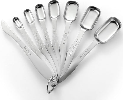 Spring Chef Stainless Steel Measuring Spoons Set of 7 with Leveler, Rectangular Metal Teaspoon & Tablespoon Measuring Spoons for Dry & Liquid Ingredients - Nesting Kitchen Gadgets For Baking & Cooking