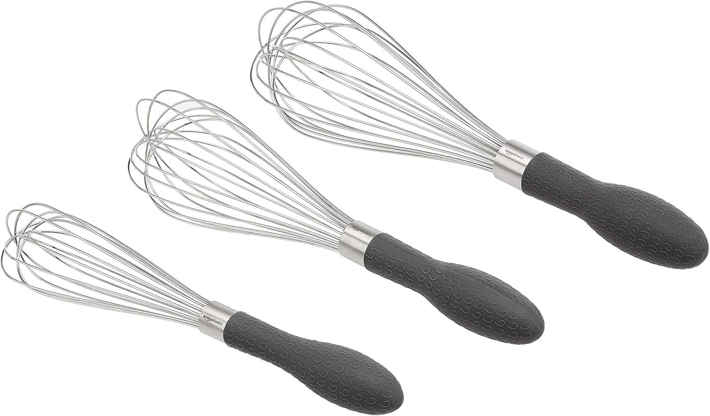 Amazon Basics Stainless Steel Wire Whisk Set for Cooking, Different Sizes, Easy to Hold Ergonomic Handle, 3 Piece, Black/Silver