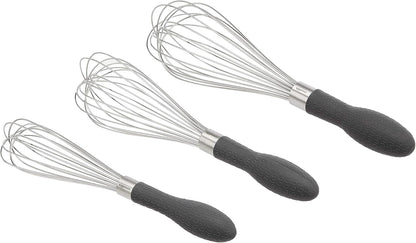 Amazon Basics Stainless Steel Wire Whisk Set for Cooking, Different Sizes, Easy to Hold Ergonomic Handle, 3 Piece, Black/Silver