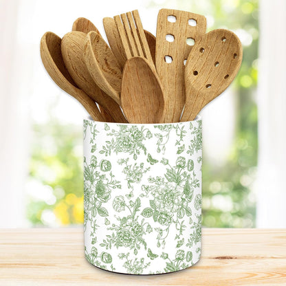 JarThenaAMCS Patriotic Ceramic Utensil Holder 4th of July Blue Chinoiserie Floral Flower Butterfly Utensil Crock for 250th Anniversary Home Kitchen Countertop Storage Organizer Container
