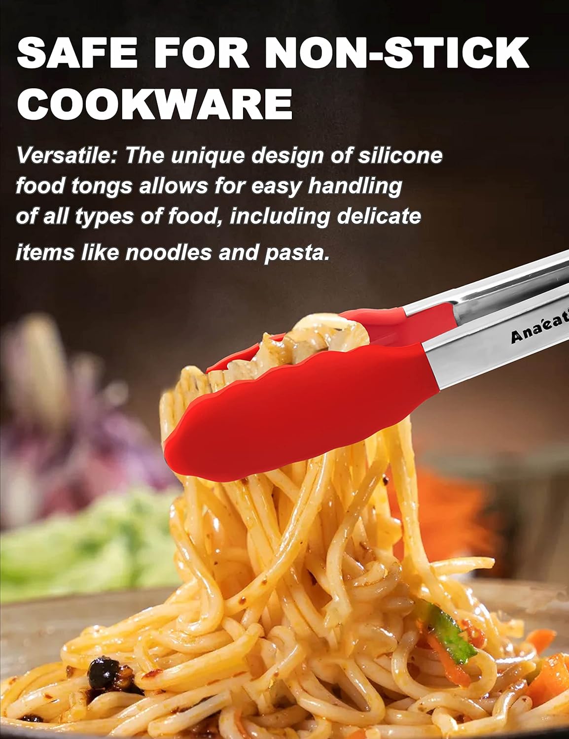 Anaeat Non-Stick Silicone Locking Tong Set of 3 - Stainless Steel 7", 9", 12" Kitchen Food Tongs with Non-Slip Silicone Tips and Grip for Cooking, Baking and BBQ - Heat Resistant up to 480°F (Black)