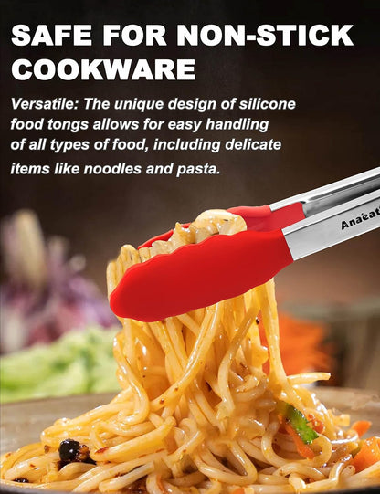 Anaeat Non-Stick Silicone Locking Tong Set of 3 - Stainless Steel 7", 9", 12" Kitchen Food Tongs with Non-Slip Silicone Tips and Grip for Cooking, Baking and BBQ - Heat Resistant up to 480°F (Black)
