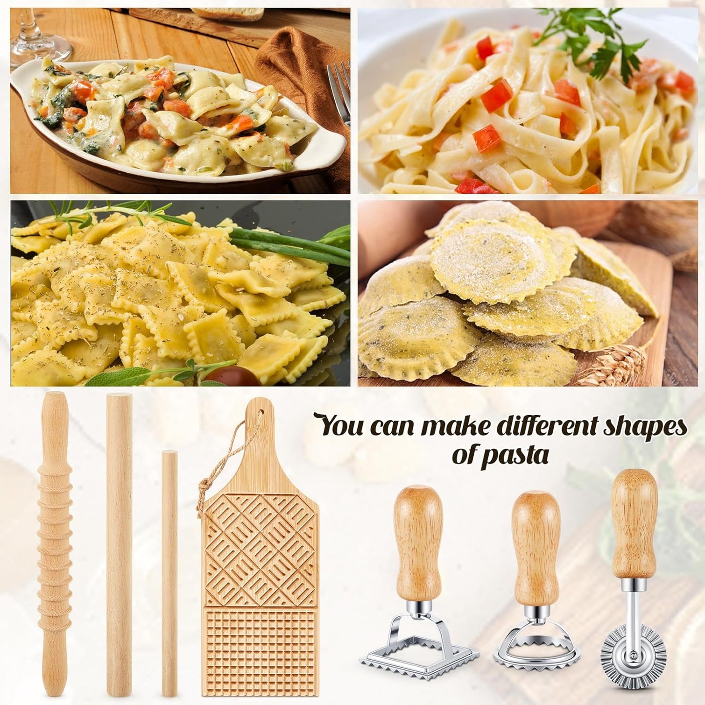 Tioncy 7 Pcs Pasta Making Tool Set Kitchen Gift, Wood Gnocchi Board with Ravioli Stamp Ravioli Maker Rolling Pin Gnocchi Garganelli Italian Pasta Tools for Beginners Home Cooks