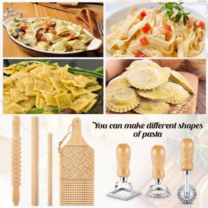 Tioncy 7 Pcs Pasta Making Tool Set Kitchen Gift, Wood Gnocchi Board with Ravioli Stamp Ravioli Maker Rolling Pin Gnocchi Garganelli Italian Pasta Tools for Beginners Home Cooks
