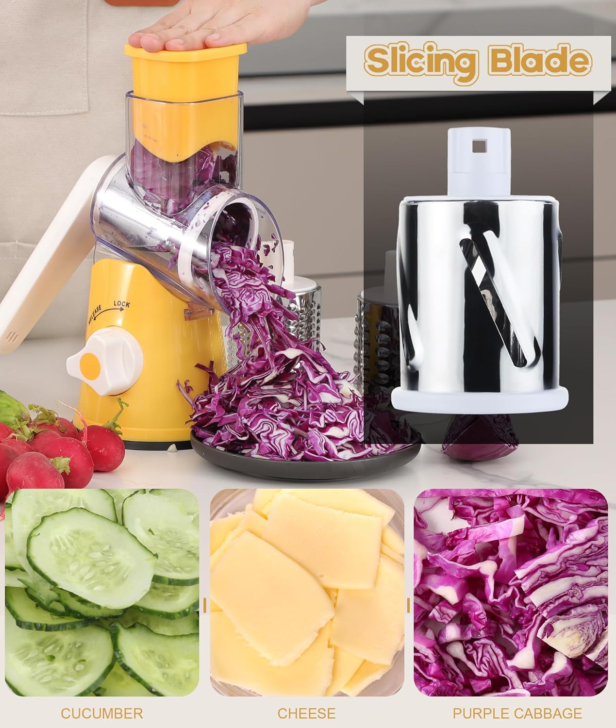 Ourokhome Rotary Cheese Grater Hand Crank, Kitchen Shredder Speed Mandolin Slicer Nut Grinder with Handle and Drum Blades for Cheese, Vegetable, Walnut, Chocolate, Potato, Carrot, 3 Blades, Dark Blue