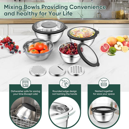 P&P CHEF Mixing Bowls with Lids Set of 3, Stainless Steel Mixing Bowl and Colander for Kitchen, 3 Grater Attachments & Non-Slip Bottoms, Visible & Airtight Lid, Khaki