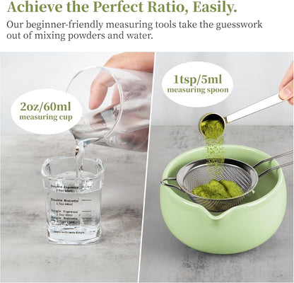 YIBO Matcha Whisk Set With Bowl, Ceramic Matcha Making Kit Includes Bamboo Whisk (Chasen), Holder Stand, Powder Starter Sifter, Scoop, Measuring Spoon & Cup Tea Tools For Ceremony (Mottled Green)