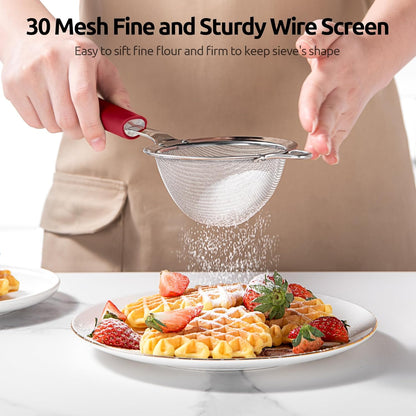U-Taste Medium Fine Mesh Strainer: 18/8 Stainless Steel 4.73in 30 Mesh Kitchen Food Sieve with Sturdy Riveted Silicone Handle, Heavy Duty Deep Handheld Metal Colander for Rice, Quinoa, Flour (Black)