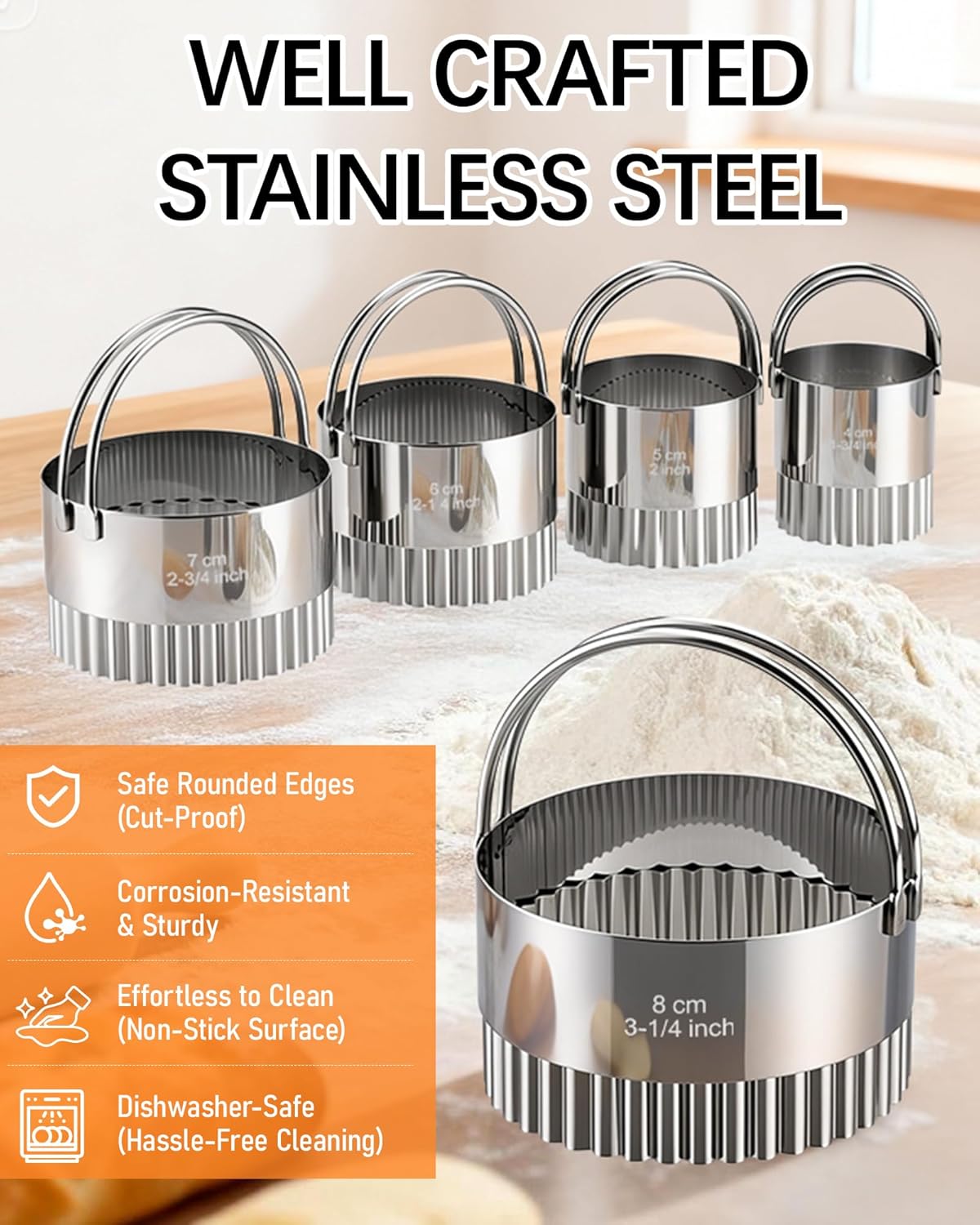 Biscuit Cutter Set with Handle, 5 Piece Stainless Steel Round Cookie Cutter Tool, Multi Size Circle Dough Donut Cutters for Baking Cakes, Biscuits, Pastry Dough
