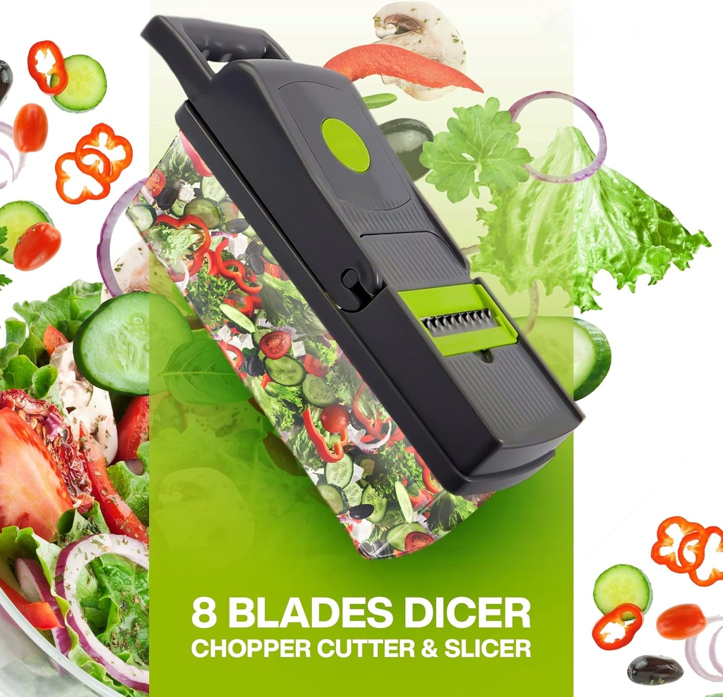 Vegetable Chopper 15-1 with Container - 8 Blades Dicer Chopper Cutter & Slicer - Draining Basket, Peeler, Egg separator, and Many More - Vegetable Chopper for Onions, Potatoes, Tomatoes